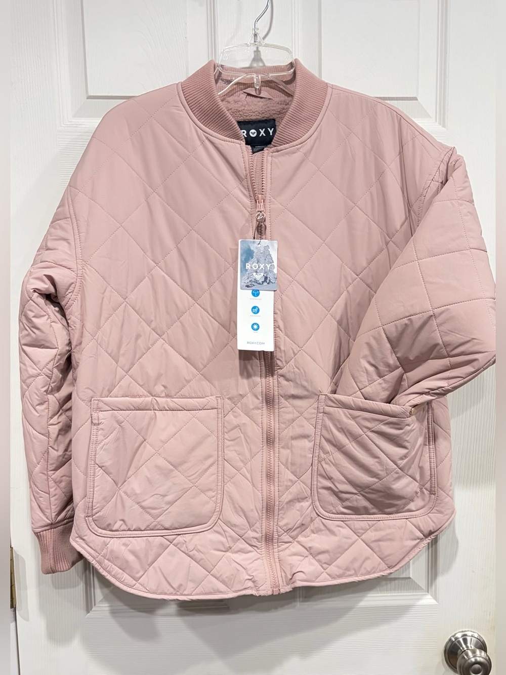 Roxy Women's Medium Aurora Quilted Bomber Pink Rose NWT Oversized Jacket Sherpa